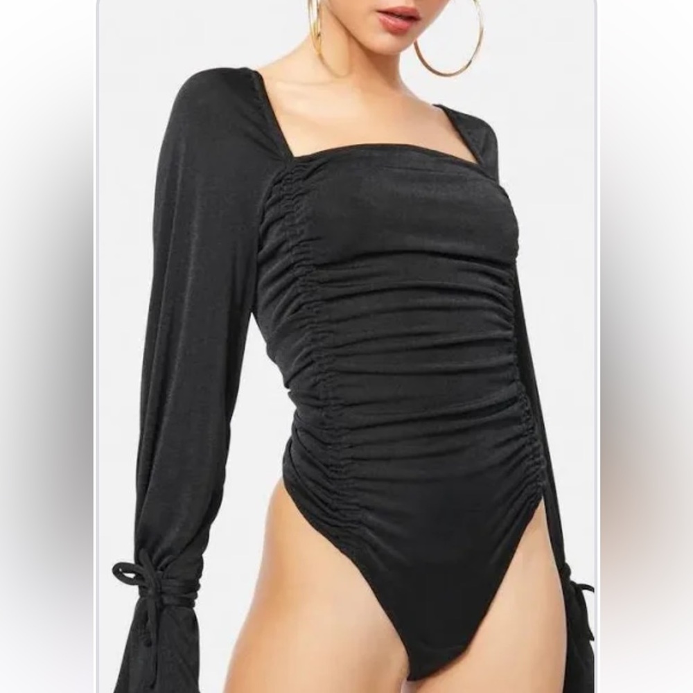Free People Women's Black Ruched Square Neck Long-Sleeve Bodysuit NWT